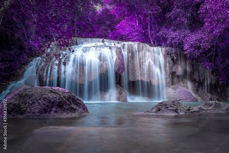 purple waterfall magic colorful, picture painted like a fairytale world Stock Photo | Adobe Stock