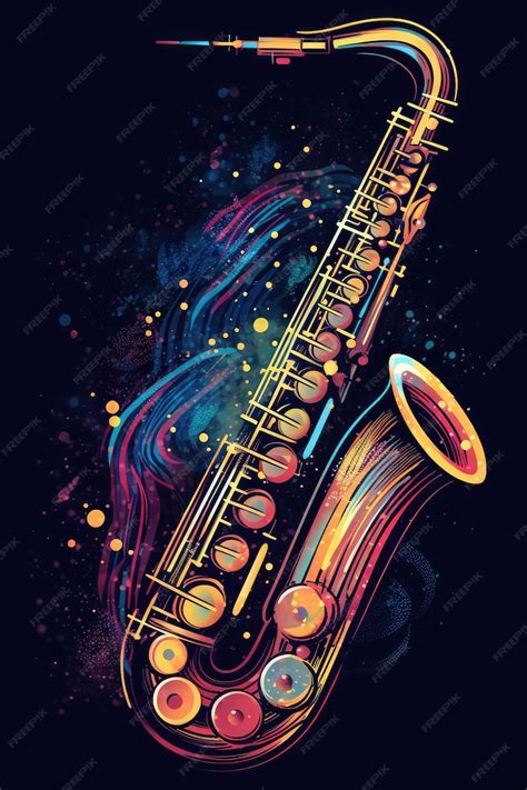 A colorful saxophone with a black background and the word jazz on it ...