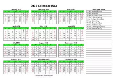 Download Editable 2032 Calendar With Notes, weeks start on Sunday