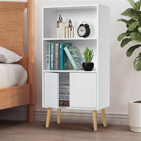 Insma Wooden 3 Shelf White Bookcase Bookshelf with Cabinet, Floor ...