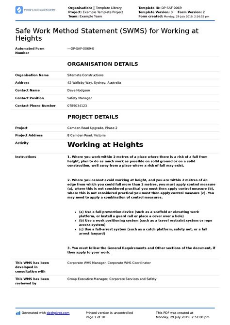 Working at Heights Safe Work Method Statement Template