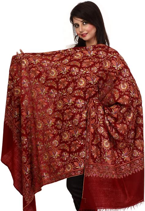 Tango-Red Pure Pashmina Shawl from Kashmir with Jafreen Hand-Embroidery ...