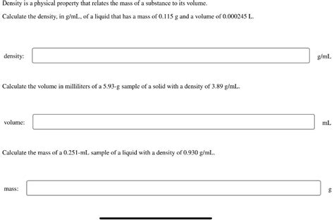 Solved Density is a physical property that relates the mass | Chegg.com