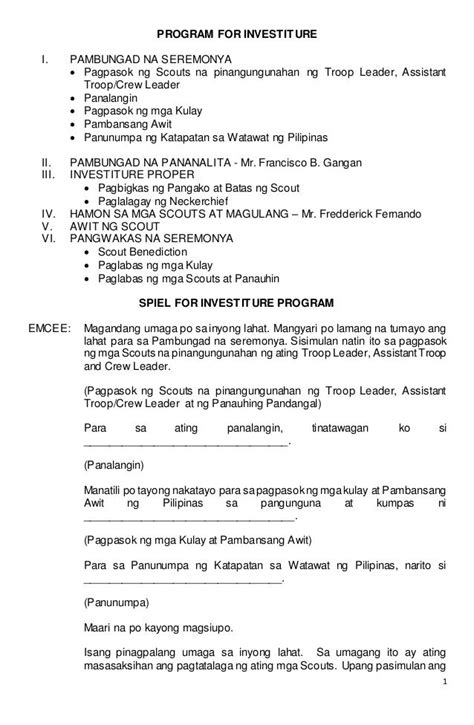 1 PROGRAM FOR INVESTITURE I. PAMBUNGAD NA SEREMONYA Pagpasok ng Scouts ...