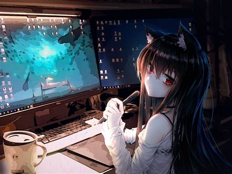 Anime Cat Girl, Room, Computer, Animal Ears, Coffee, Cute for Ainol Novo 9 Spark HD wallpaper ...