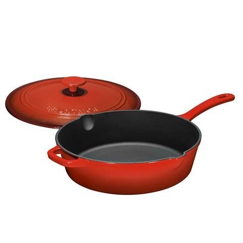 Enameled Cast Iron Skillet Deep Sauté Pan with Lid, 12 Inch, Fire Red ...