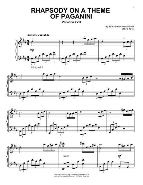 Rhapsody On A Theme Of Paganini, Variation XVIII | Sheet Music Direct