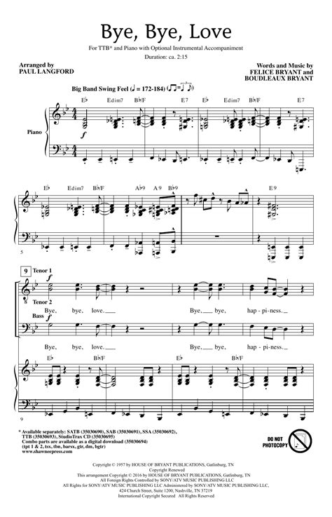 Bye Bye Love by Paul Langford Sheet Music for TTBB Choir at Sheet Music Direct