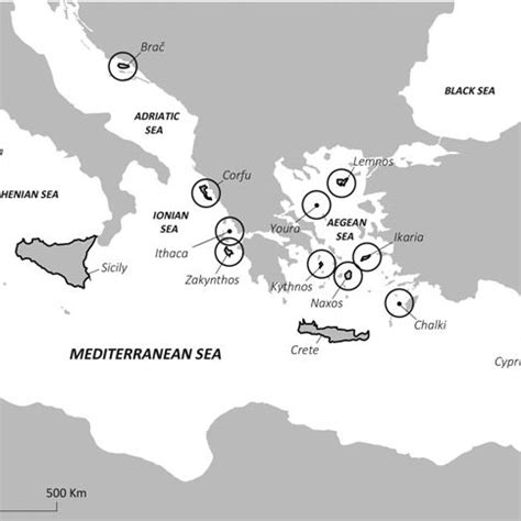 Map of the Mediterranean showing islands with evidence for a human ...