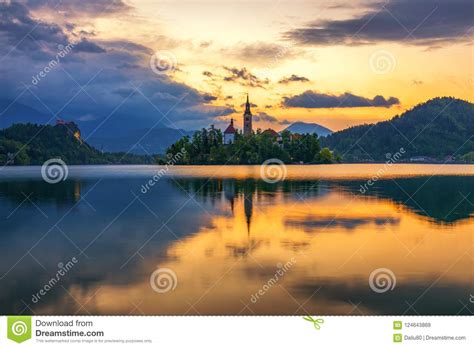 Dramatic Sunrise on Lake Bled, Sunrise View on Bled Lake, Island Stock Image - Image of mood ...