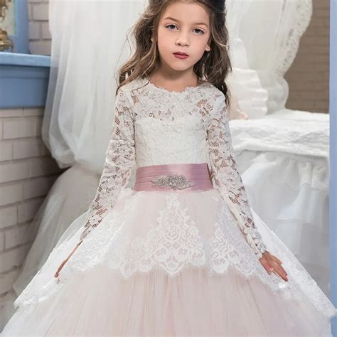 Scoop Lace Long Sleeve Little Flower Girl Dresses 2017 Long Train Light ...