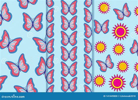 Set of Three Seamless Patterns with Butterflies and Flowers in One Style. Can Be Used for Tile ...
