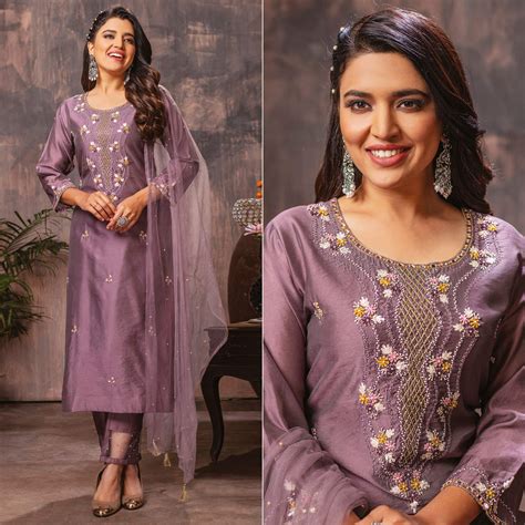 Purple Floral Embroidered Chanderi Suit