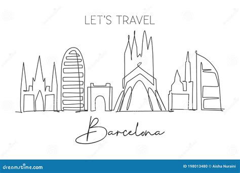 One Continuous Line Drawing of Barcelona City Skyline, Spain. Beautiful ...