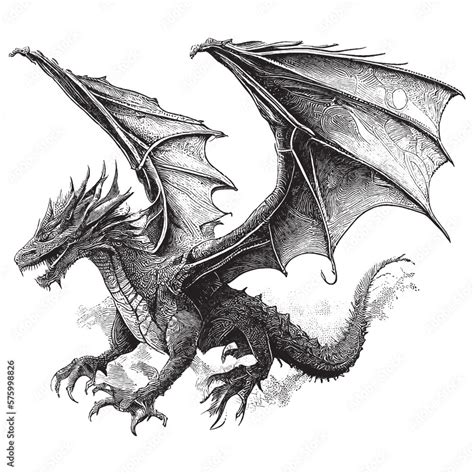 Hand Drawn Engraving Pen and Ink Dragon Flying Vintage Vector Illustration Stock Vector | Adobe ...