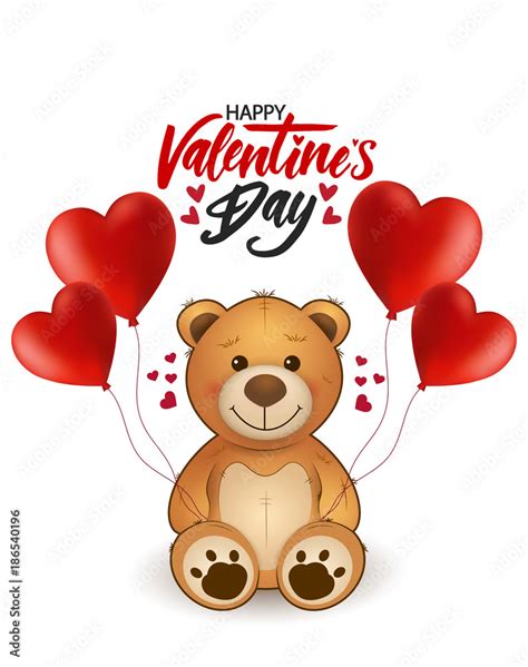 Funny cartoon teddy bear with heart balloons. Greeting card on st ...