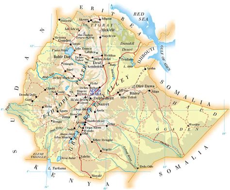 Detailed physical and road map of Ethiopia. Ethiopia detailed physical ...