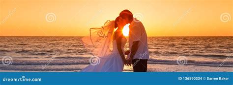 Bride and Groom Married Couple Sunset Beach Wedding Panorama Stock Photo - Image of marriage ...