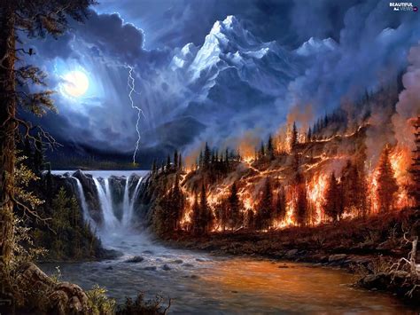 fire, Mountains, waterfall, Storm, Night - Beautiful views wallpapers: 1920x1440