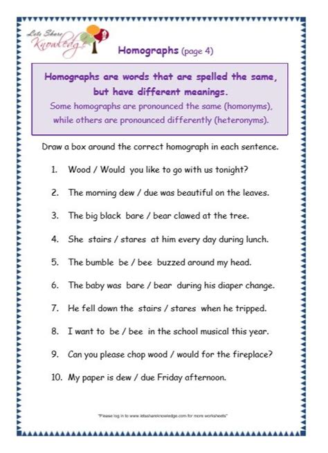 Homograph Worksheet 2nd Grade