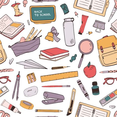 Colorful seamless pattern with scattered school supplies or stationery for education on white ...