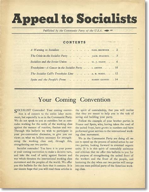 Appeal To Socialists. Published by the Communist Party of the U.S.A ...