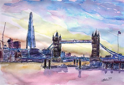 London Tower Bridge with The Shard Watercolor Art Painting by M Bleichner - Fine Art America