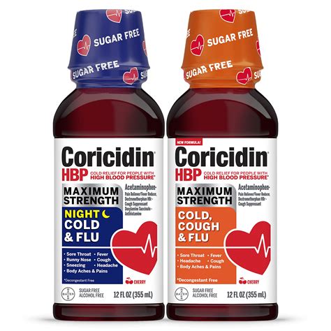 Coricidin HBP Maximum Strength Cold & Flu Day & Night Sugar-Free Liquid Twinpack, Decongestant ...