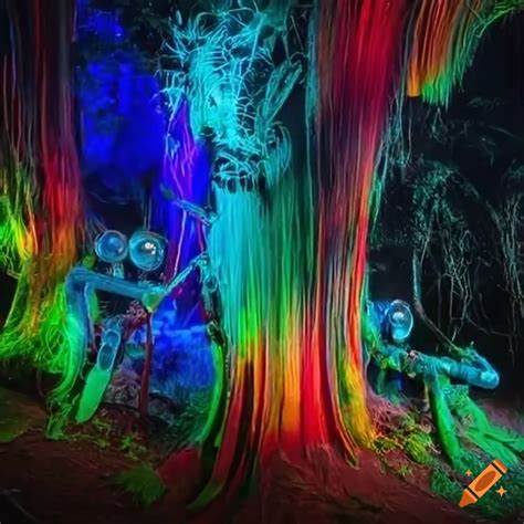 Robots playing music in a colorful rainforest