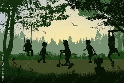 Happy children silhouette playing in a park Stock Vector | Adobe Stock