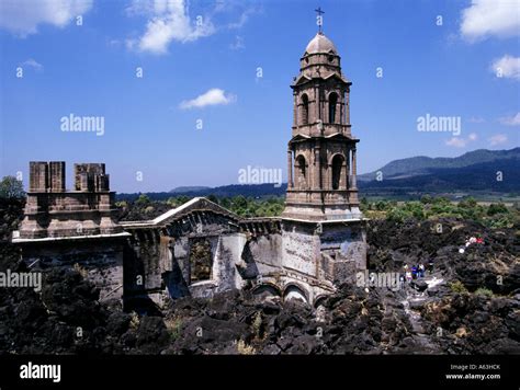 Church engulfed in lava when Volcan Paricutin erupted in 1943, San Juan Parangaricutiro, Mexico ...