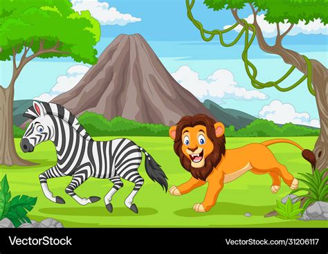 Lion is chasing a zebra in an african savanna Vector Image