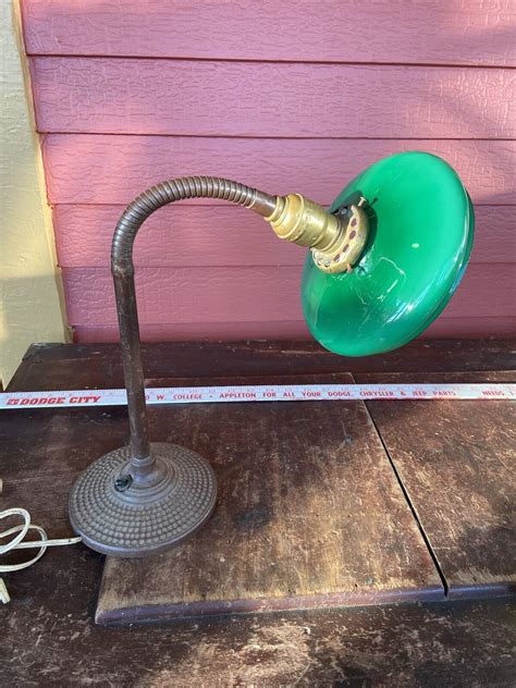Vintage Gooseneck Desk Lamp Cast Iron Deco Industrial Cased Glass Green Glass | eBay