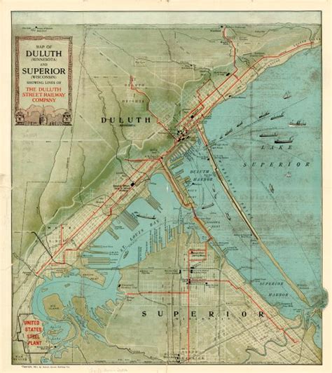 Map of Duluth Minnesota and Superior Wisconsin Showing Lines of the ...