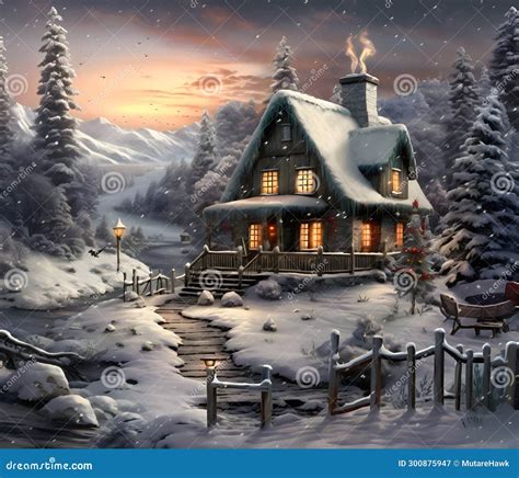 Illustrations Wooden Cottage Covered with Snow Path To Cottage Winter Scenery.Christmas Banner ...