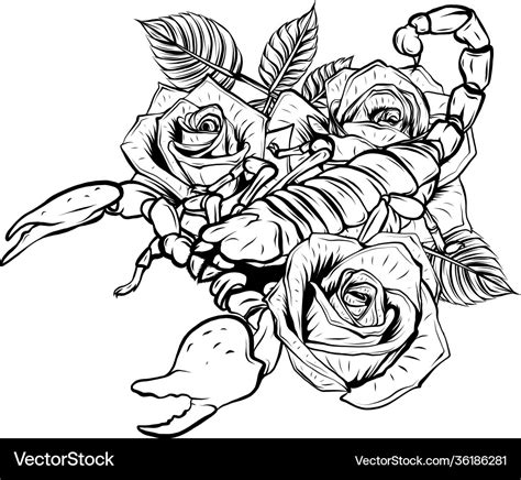 Scorpion and roses - color tattoo Royalty Free Vector Image