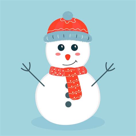 Premium Vector | Cute smiling snowman in a red hat and scarf on blue ...