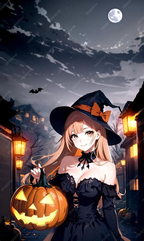 Premium AI Image | Anime portrait of a witch holding a halloween pumpkin