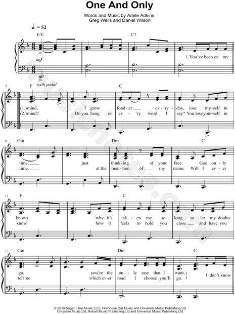 Adele "One and Only" Sheet Music (Easy Piano) in F Major (transposable ...