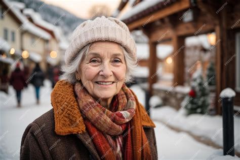 Premium AI Image | Smiling old lady in warm clothes over snowy mountain street background