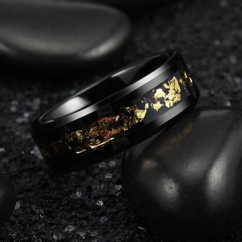 King Will Nature™ Wedding Ring with Black and Gold Foils Inlay Beveled Edge | Tungsten carbide ...