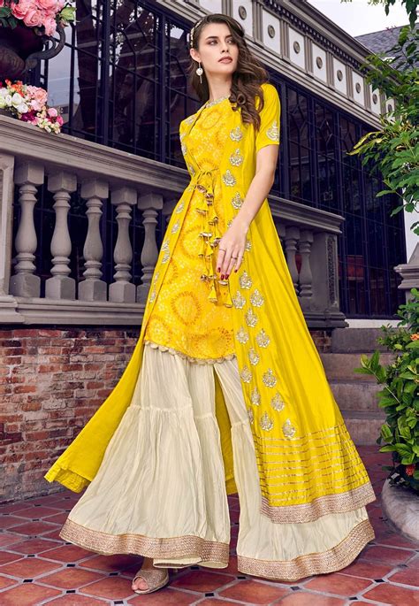 Yellow Tussar Sharara Suit With Jacket 197411 | Party wear indian dresses, Trendy outfits indian ...