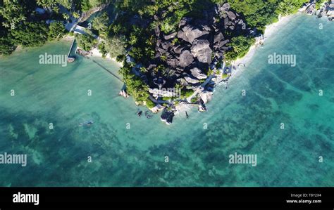 aerial view on anse source d'argent beach on la digue island in ...