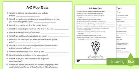 A-Z First Level Pop Quiz (teacher made)