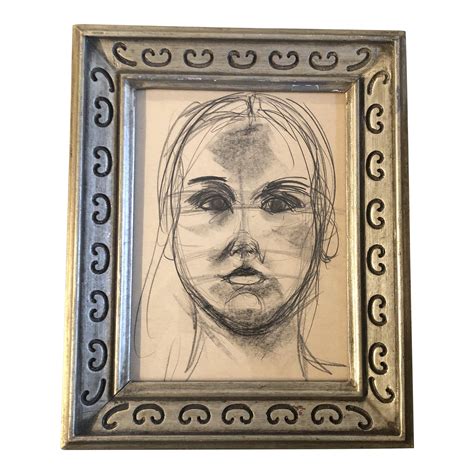 Original Vintage Abstract Charcoal Female Portrait Drawing Ornate Vintage Frame 1960's | Chairish
