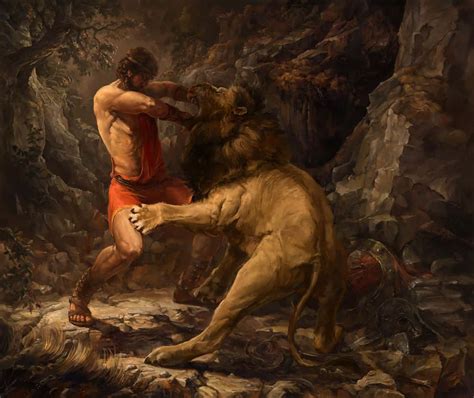 Download A Painting Of A Man Fighting A Lion | Wallpapers.com