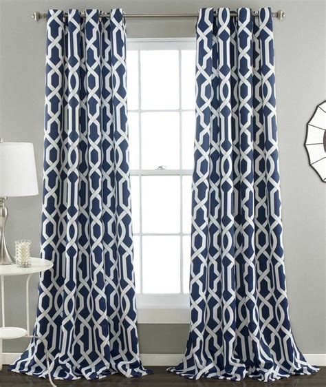 Set 2 Navy Blue White Geometric Trellis Curtains Panels Drapes 84 in L Darkening | eBay | Blue ...