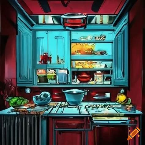 Comic book art of a beautiful kitchen on Craiyon