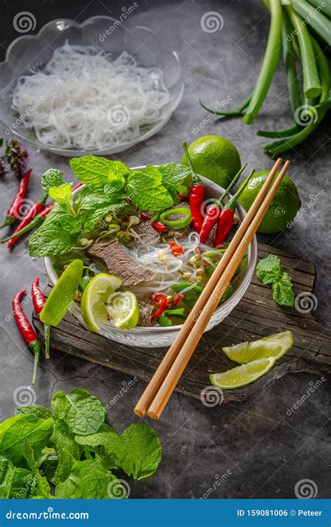 Pho bo soup stock photo. Image of bowl, green, onion - 159081006