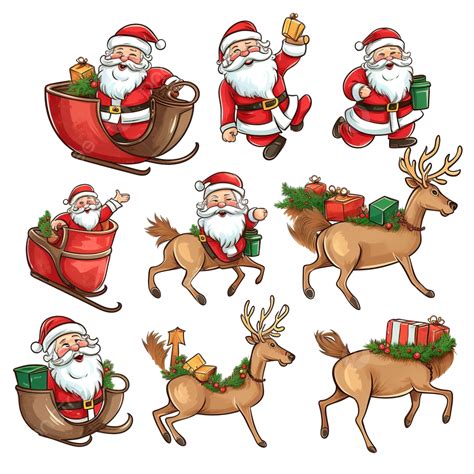 Cartoon Christmas Illustrations Set Funny Happy Santa Claus And Raindeer On The Sleigh Bag, Cute ...